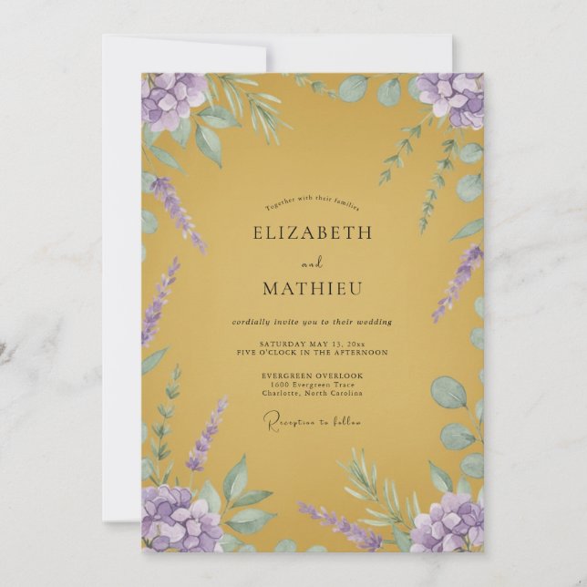 Mustard Lilac Lavender Eucalyptus Wedding Invitation (Front)