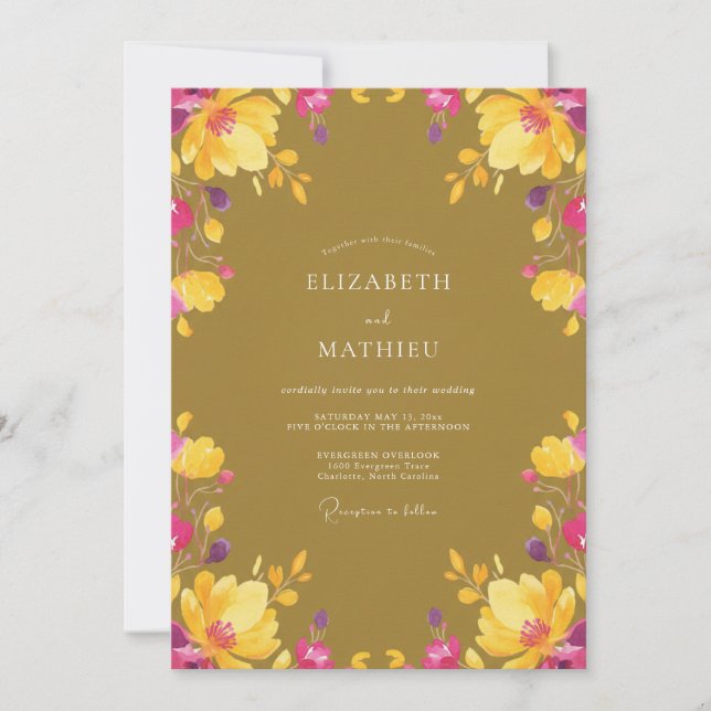 Mustard Magenta Wildflower Wedding Invitation (Front)