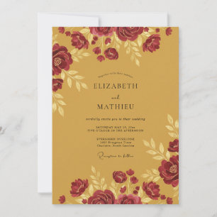 Mustard Maroon Peony Wedding Invitation