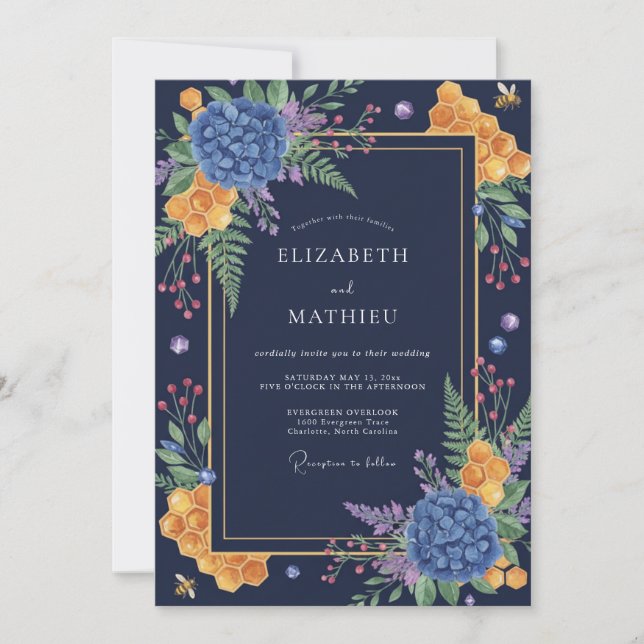 Mustard Midnight Hydrangea Eucalyptus Wedding Invitation (Front)