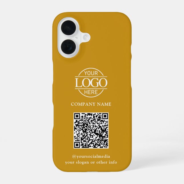 Mustard Modern Business Logo & QR Code Promotional iPhone 16 Case (Back)