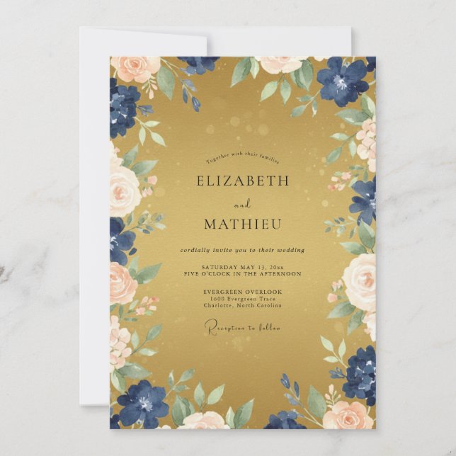 Mustard Navy Painted Vine Wedding Invitation (Front)