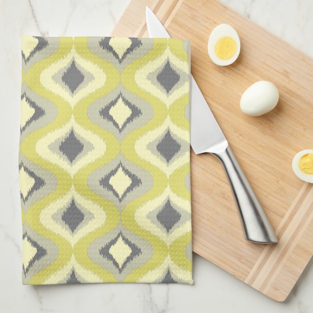 Mustard Ochre Yellow Green Ikat Ogee Art Pattern Tea Towel (Quarter Fold)