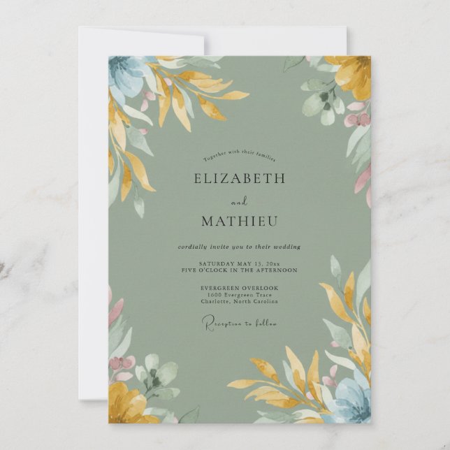 Mustard Olive Leaf Wedding Invitation (Front)