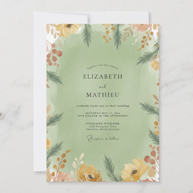 Mustard Olive Leafy Wedding Invitation (Front)