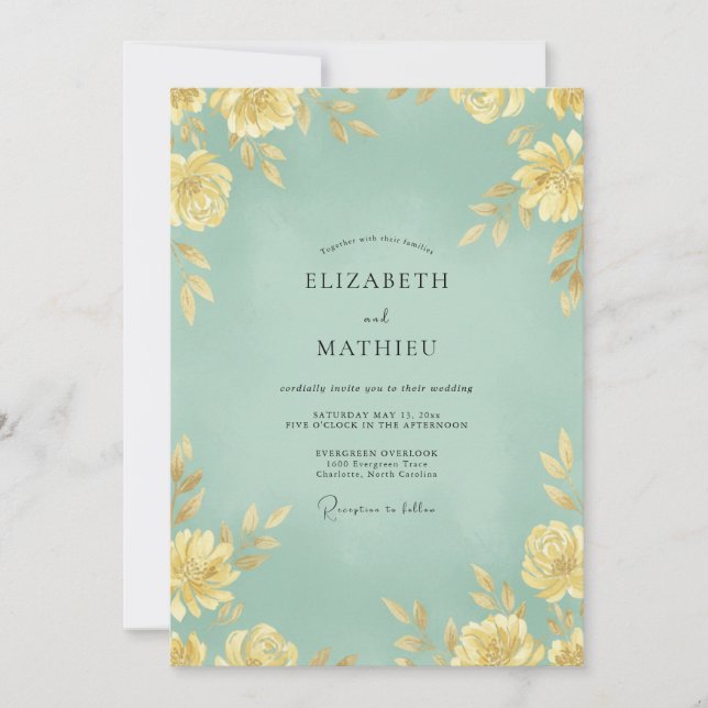 Mustard Petal Pale Teal Wedding Invitation (Front)