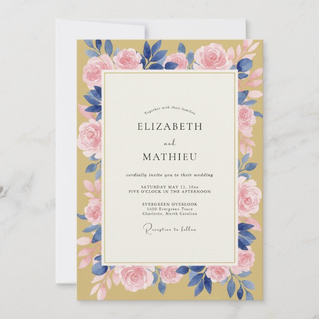 Mustard Petal Pink Rose Wedding Invitation (Front)