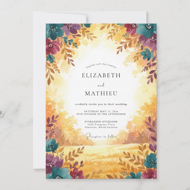 Mustard Plum Foliage Eucalyptus Wedding Invitation (Front)
