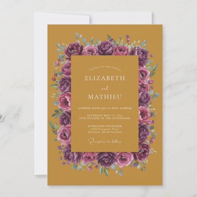 Mustard Plum Ranunculus Eucalyptus Wedding Invitation (Front)
