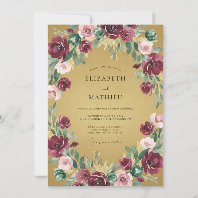 Mustard Plum Wreath Wedding Invitation (Front)
