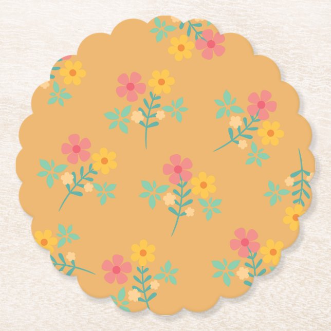 Mustard Retro Daisy Bouquet Pattern Paper Coaster (Front)