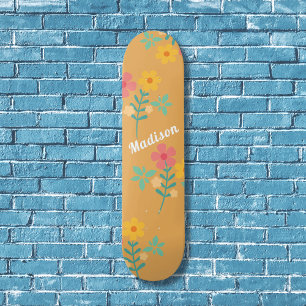 Mustard Retro Daisy Bouquet Pattern Skateboard