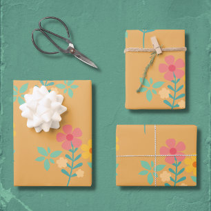Mustard Retro Daisy Bouquet Pattern Wrapping Paper Sheet