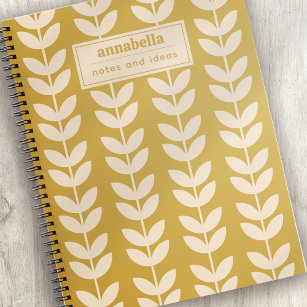 Mustard Retro Vibe Leaf Pattern Monogram Notebook