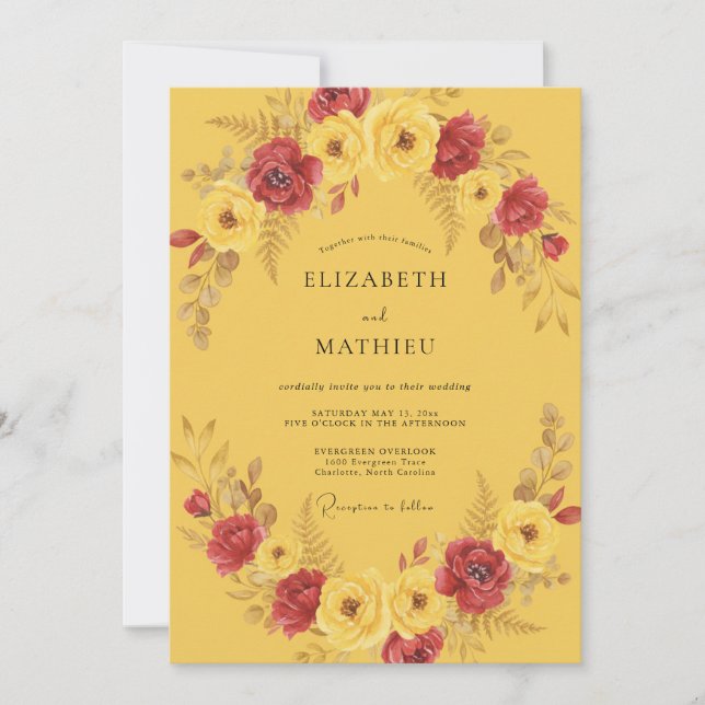 Mustard Romantic Floral Wreath Wedding Invitation (Front)