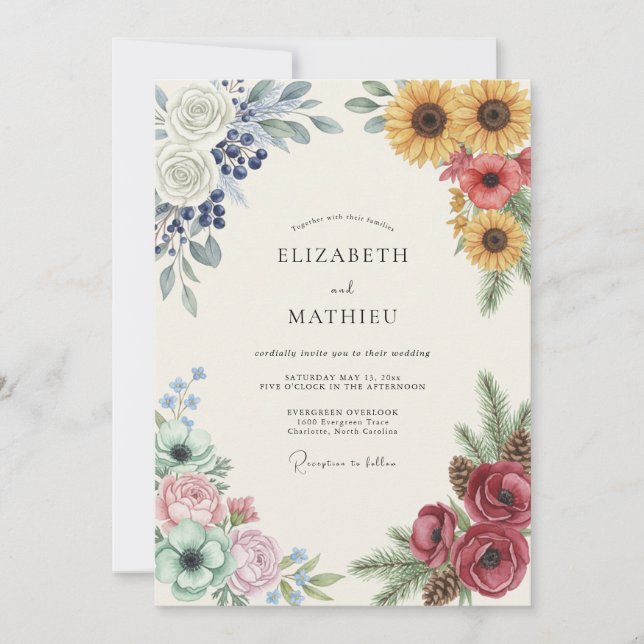 Mustard Sunflower Berry Wedding Invitation (Front)