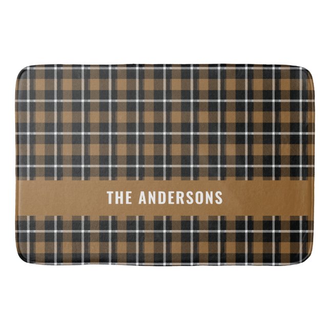 Mustard tartan modern rustic personalised decor bath mat (Front)
