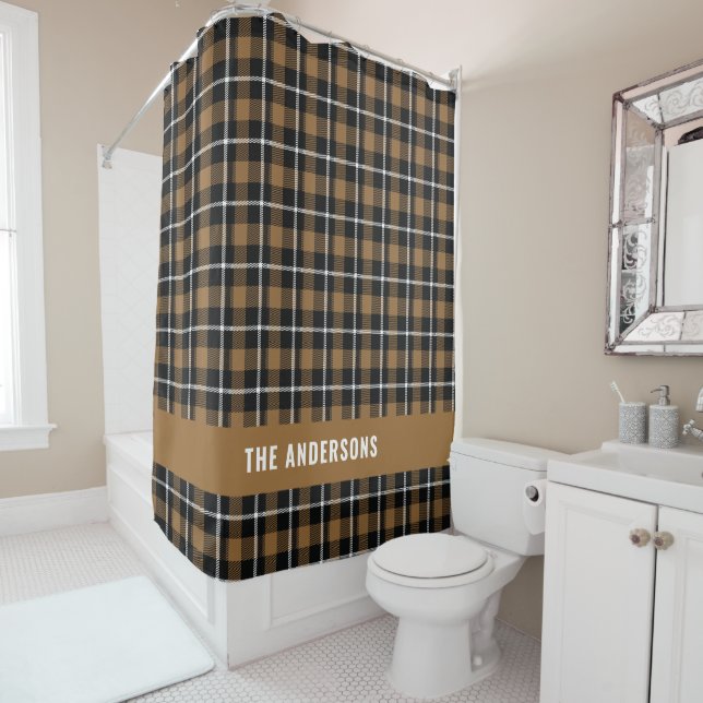 Mustard tartan modern rustic personalised shower c curtain (In Situ)