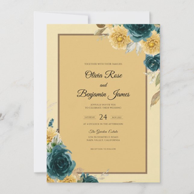 Mustard Teal Bloom Wedding Invitation (Front)