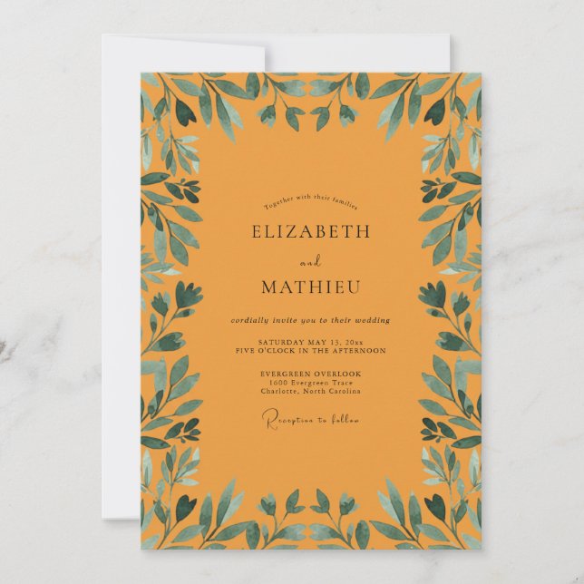 Mustard Teal Foliage Eucalyptus Wedding Invitation (Front)