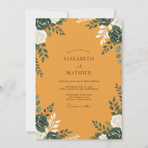 Mustard Teal Foliage Grey Eucalyptus Wedding Invitation