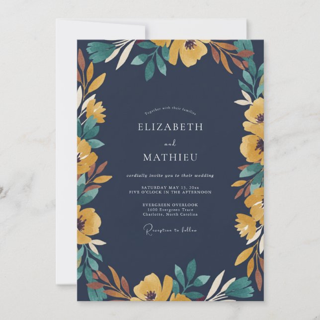 Mustard Teal Foliage Soft Eucalyptus Wedding Invitation (Front)