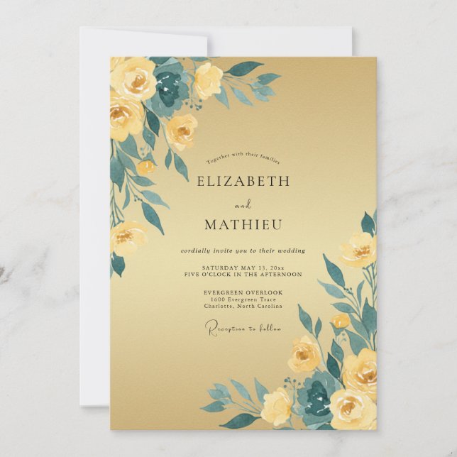 Mustard Teal Ranunculus Eucalyptus Wedding Invitation (Front)