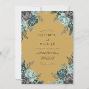 Mustard Teal Rose Wedding Invitation