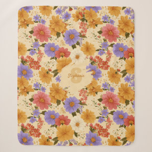 Mustard Terracotta Blue Wildflower Sherpa Blanket
