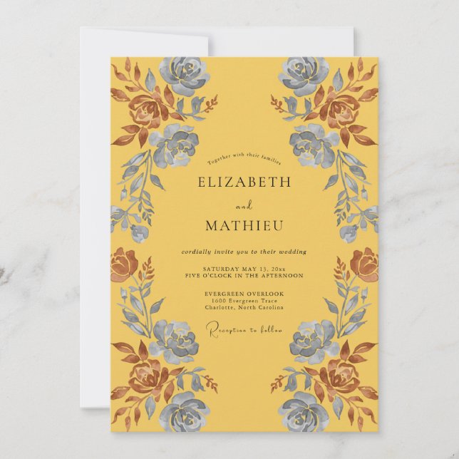 Mustard Terracotta Ranunculus Eucalyptus Wedding Invitation (Front)