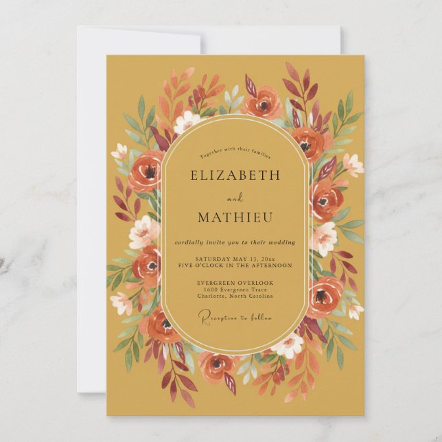 Mustard Terracotta Wreath Wedding Invitation (Front)