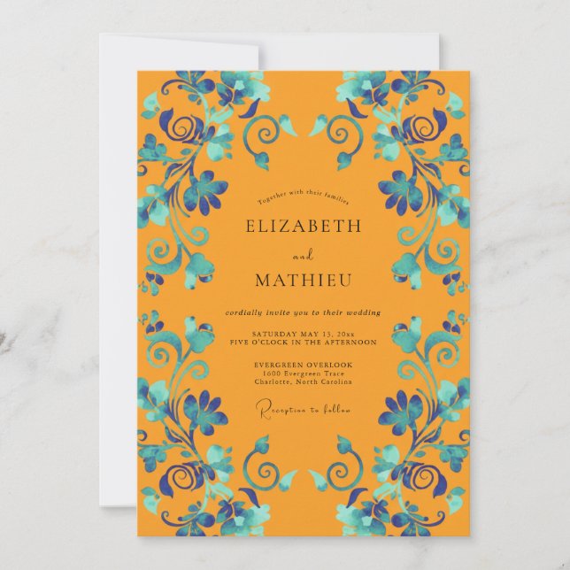 Mustard Turquoise Vine Wedding Invitation (Front)