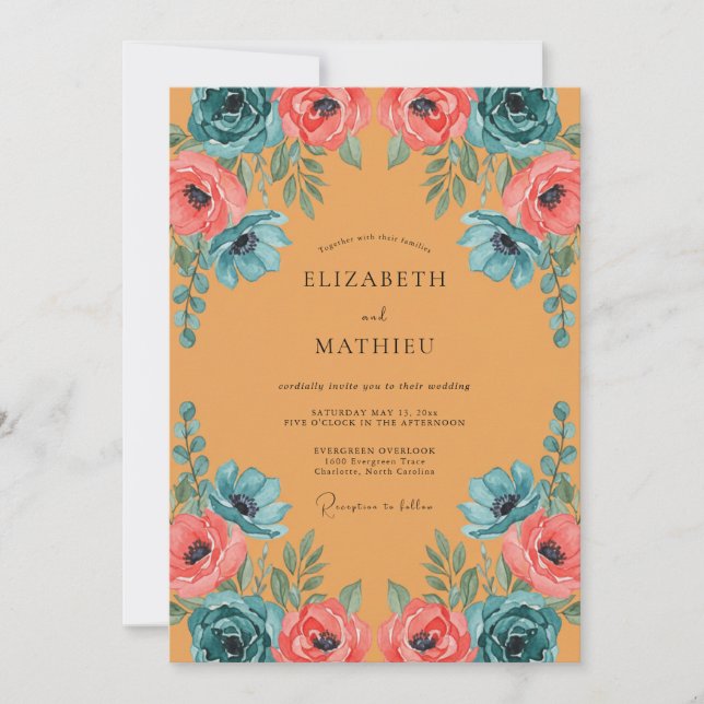 Mustard Turquoise Wildflower Wedding Invitation (Front)