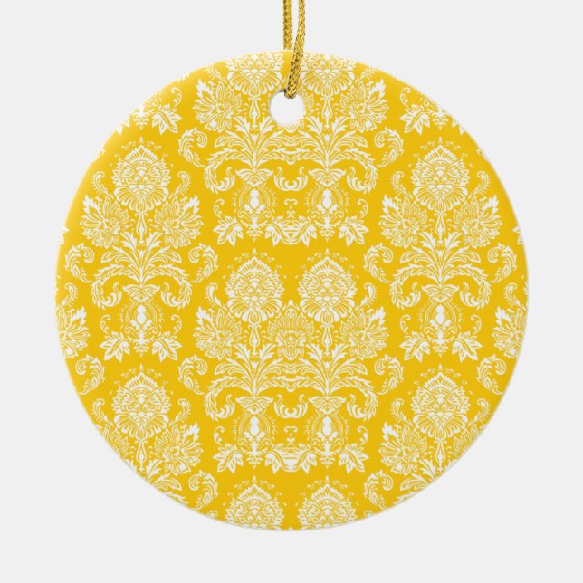 Mustard Victorian Damask Ceramic Tree Decoration (Front)