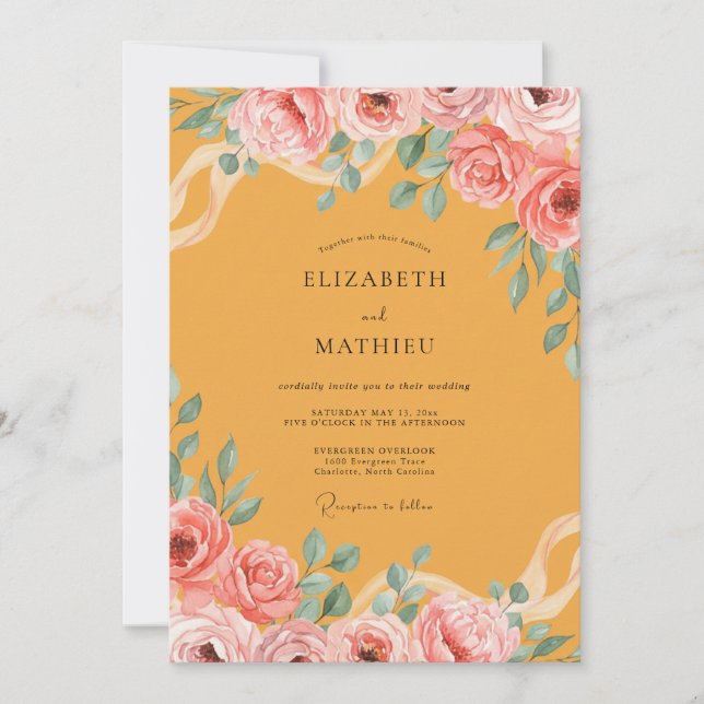 Mustard Watercolor Foliage Wedding Invitation (Front)