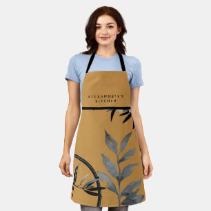 Mustard Watercolor Leaves + Your Name Kitchen Apron