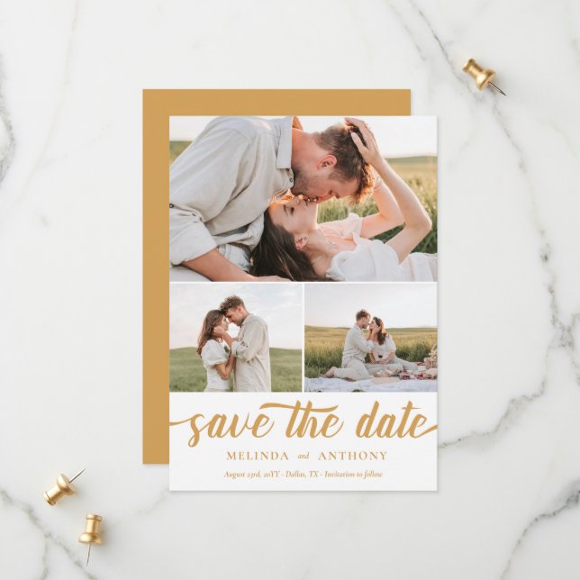 Mustard White Elegant Bold Script Photo Collage Save The Date (Front/Back In Situ)