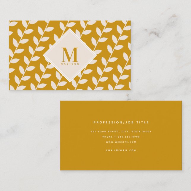 Mustard Yellow 70s Retro Leaf Monogram Initial  Business Card (Front/Back)