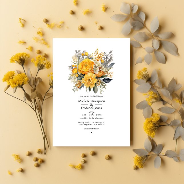 Mustard Yellow and Light Grey Floral Wedding Invitation (Creator Uploaded)