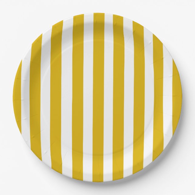 Mustard Yellow and White Vertical Stripes Paper Plate (Front)