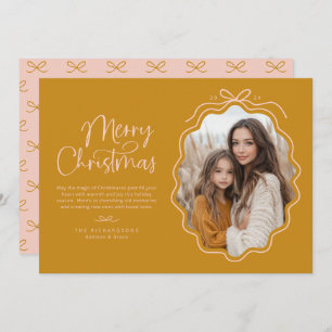 Mustard Yellow Blush Pink Wavy Retro Photo Holiday Card