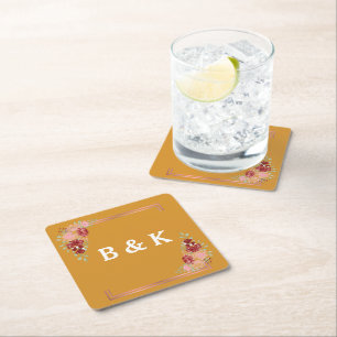 Mustard Yellow Burgundy Floral Watercolor Wedding Square Paper Coaster