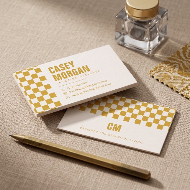 Mustard Yellow Chequerboard Business Card (Simulated business cards on table)