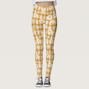 Mustard Yellow Daisy Cream Farmhouse Gingham Leggings