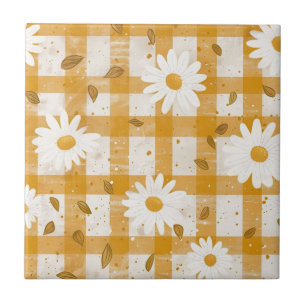 Mustard Yellow Daisy Cream Farmhouse Gingham Tile