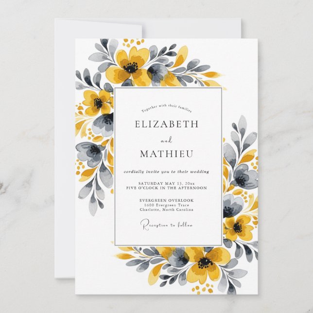 Mustard Yellow Floral Botanical Wedding Invitation (Front)