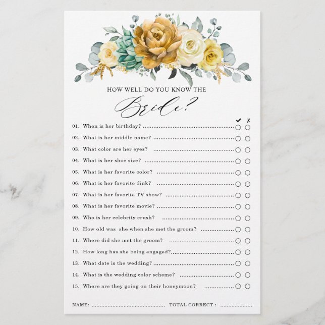 Mustard Yellow Floral Sage Bridal Shower Game (Front)
