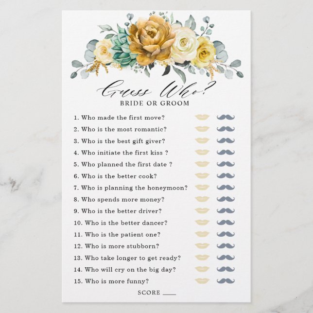 Mustard Yellow Floral Sage Bridal Shower Game (Front)