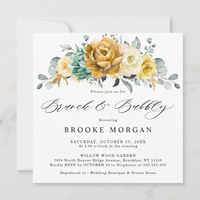 Mustard Yellow Floral Sage Green Brunch and Bubbly Invitation (Front)