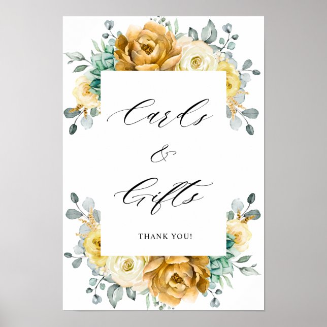 Mustard Yellow Floral Sage Greenery Cards & Gifts Poster (Front)